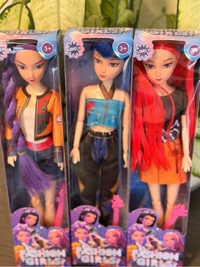 Set of 3 Fashion Dolls with Purple, Blue, and Red Hair